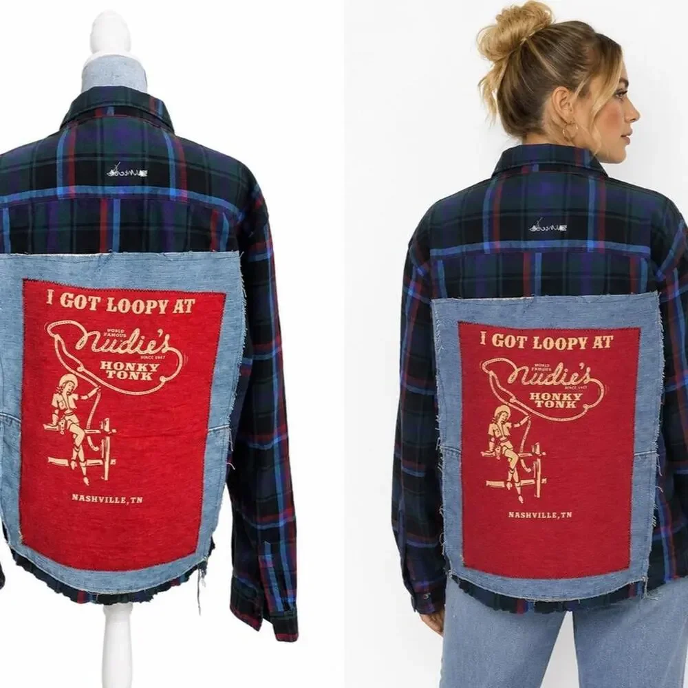 Nudie’s Honky Tonk Nashville Upcycled Flannel Western Reworked Shirt